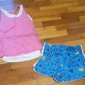 Pink Layered Tank Top and Blue Print Athletic Shorts girl XL